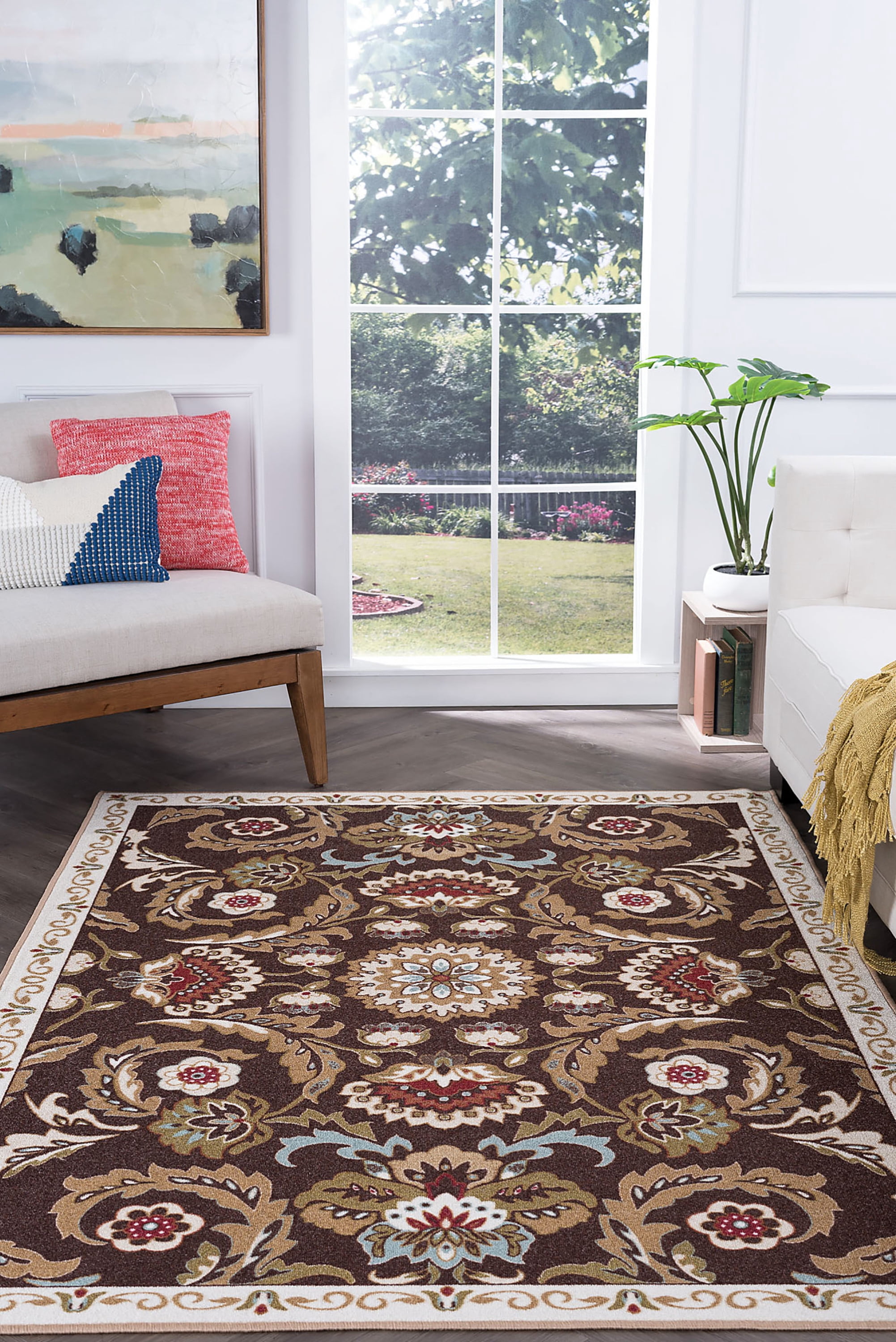 Transitional 5x7 Area Rug (5' x 7') Floral Brown, Beige Living Room Easy to Clean