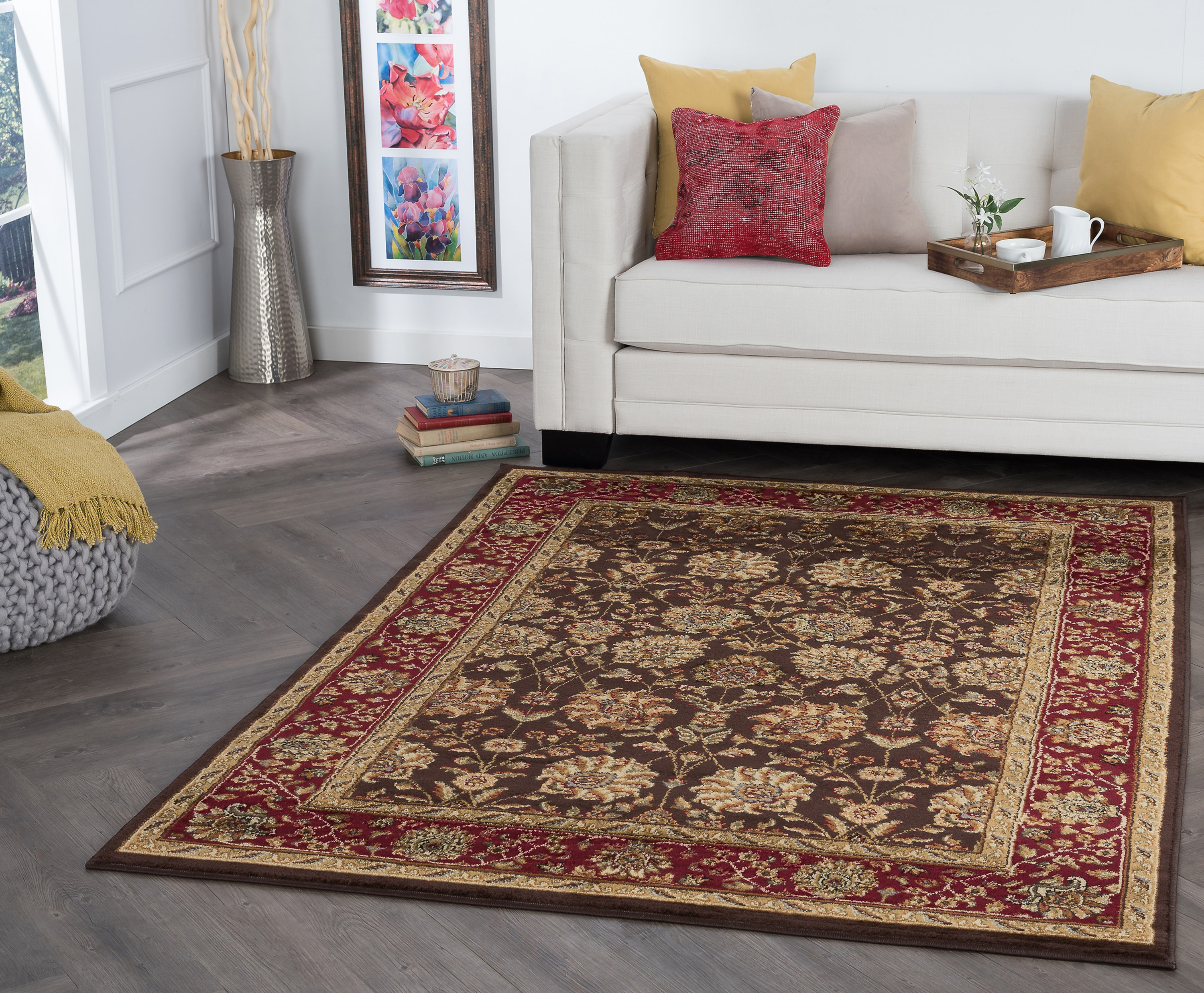 Transitional 5x7 Area Rug (5' x 7') Floral Brown, Sage Green Living Room Easy to Clean