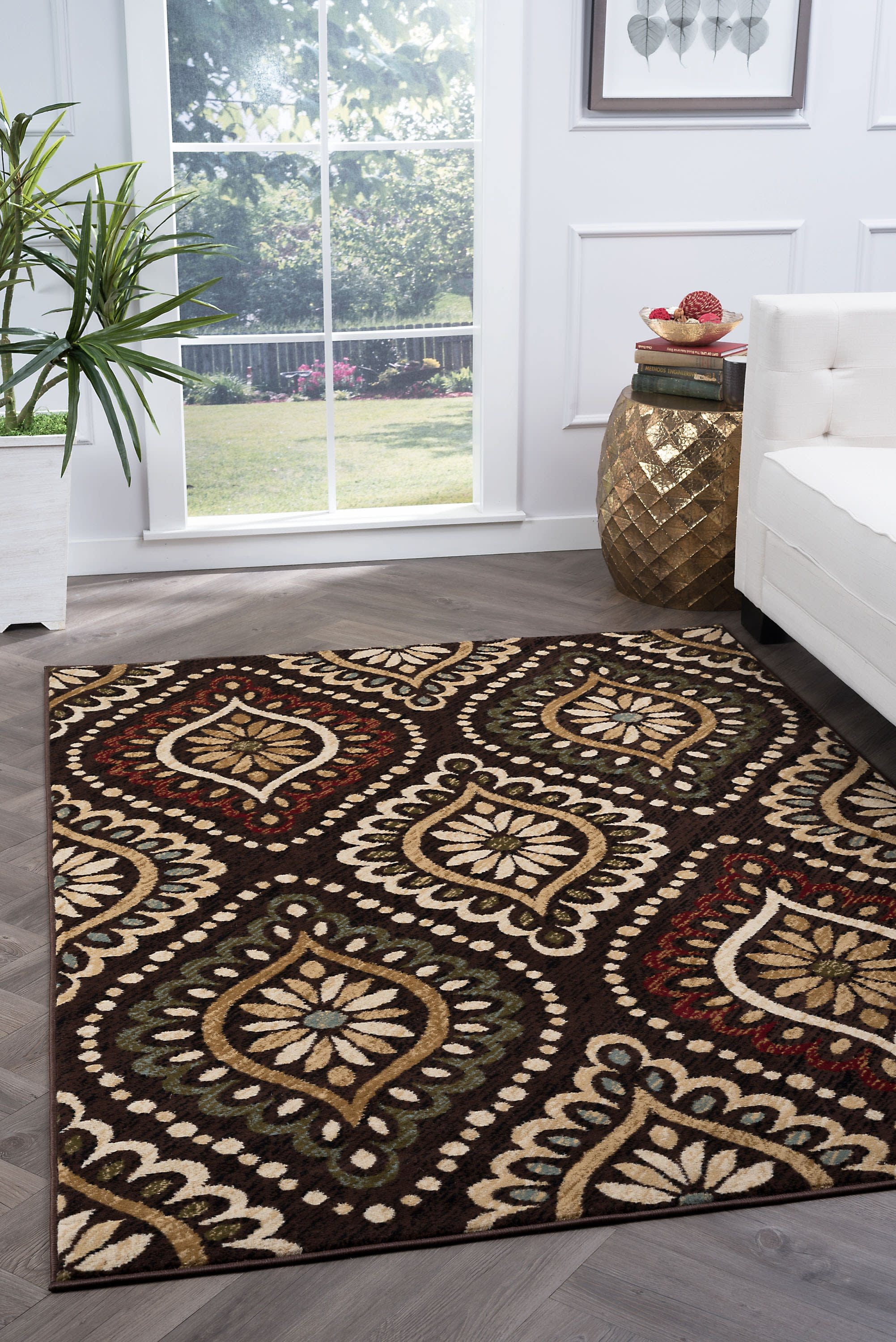 Transitional 5x7 Area Rug (5' x 7') Medallion Brown, Red Living Room