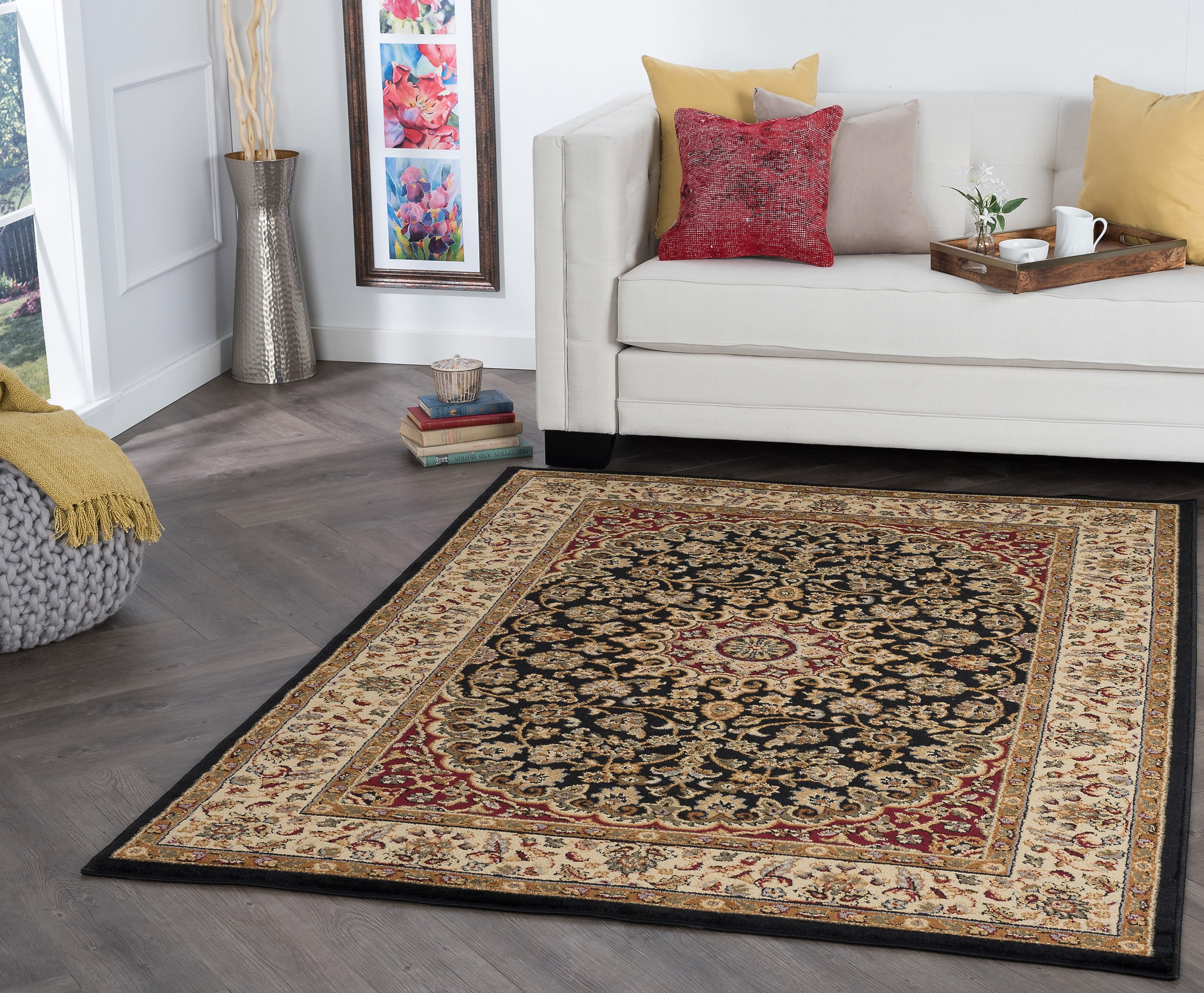 Transitional 5x7 Area Rug (5' x 7') Oriental Black, Red Living Room Easy to Clean