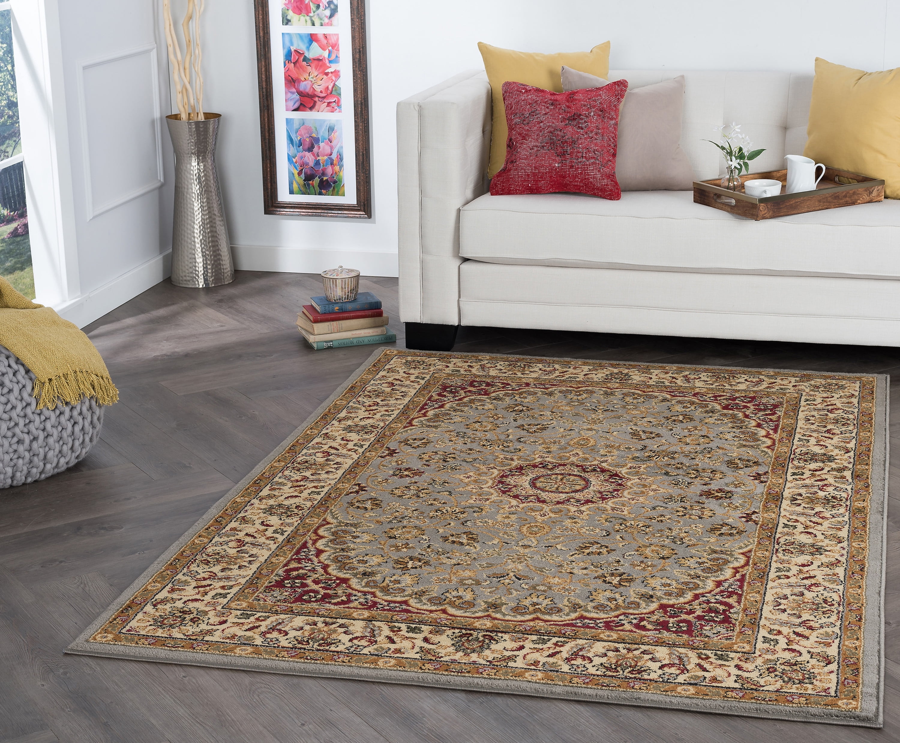Transitional 5x7 Area Rug (5' x 7') Oriental Blue, Red Living Room Easy to Clean