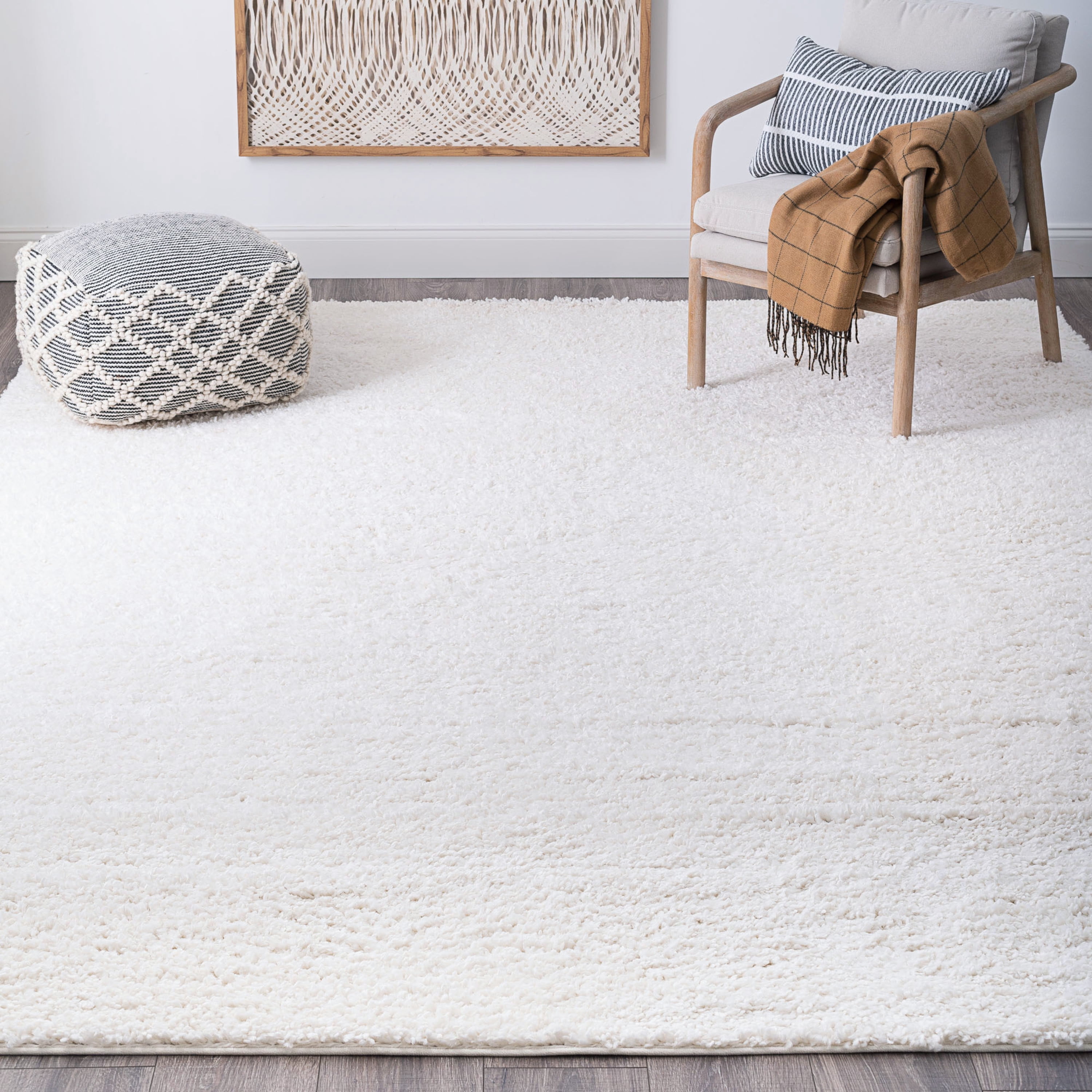 Transitional 5x7 Area Rug Shag Thick (5'3'' x 7'3'') Solid Color White