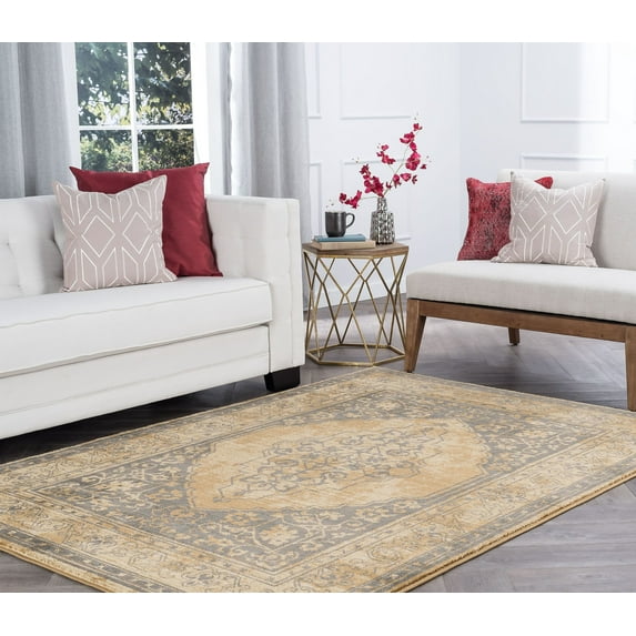 Transitional 5x8 Area Rug (5'3'' x 7'3'') Border Beige, Slate Blue Living Room Easy to Clean