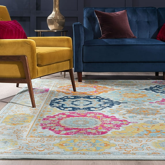 Transitional 5x8 Area Rug (5'3'' x 7'3'') Border Multi-Color Living Room Easy to Clean