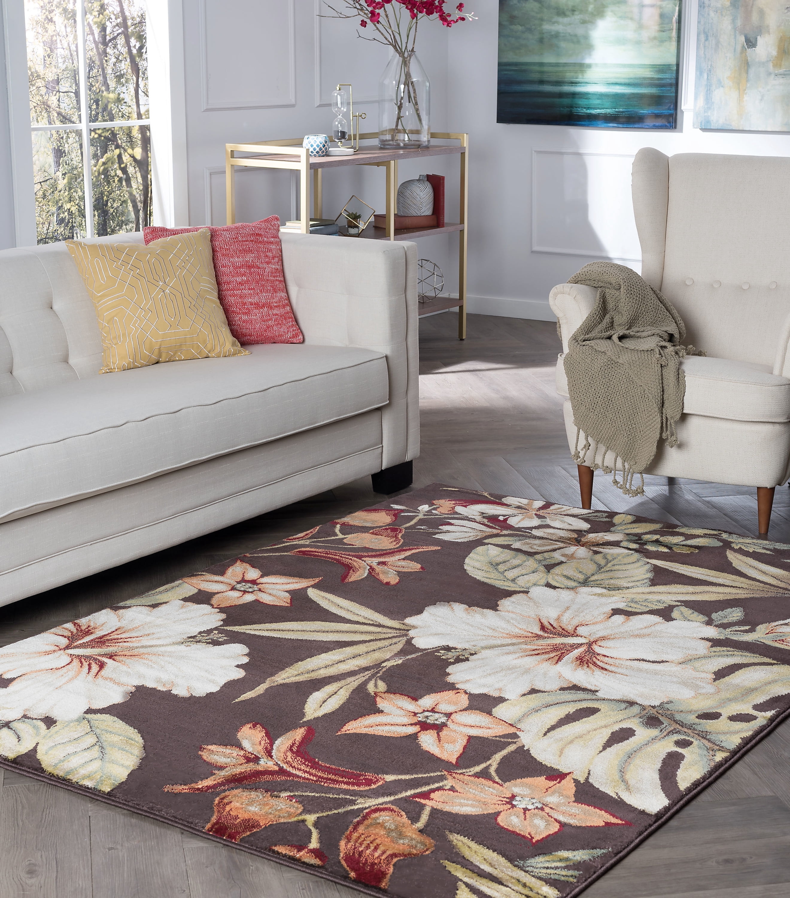 Transitional 5x8 Area Rug (5'3'' x 7'3'') Floral Brown, Creamy Ivory Living Room Easy to Clean