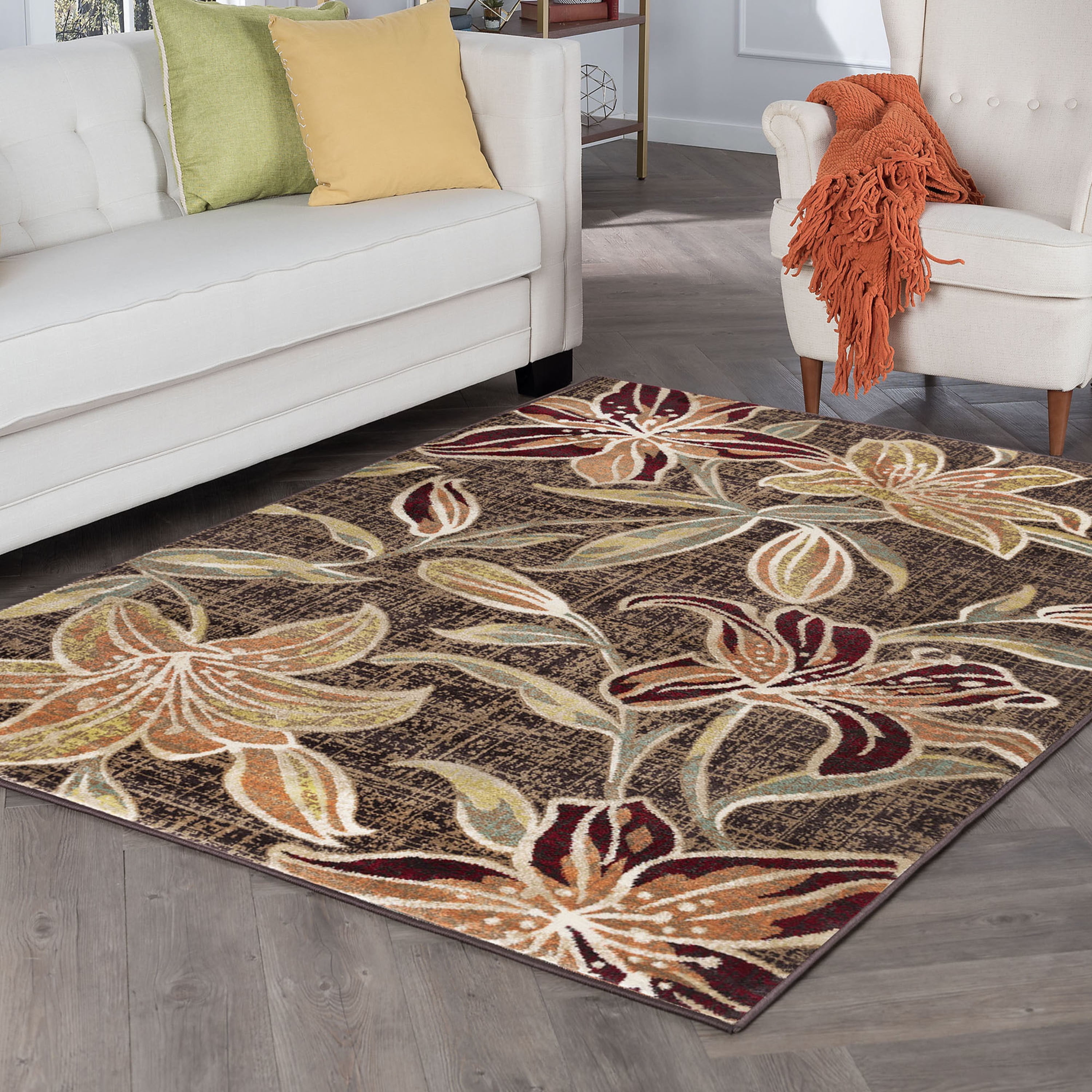 Transitional 5x8 Area Rug (5'3'' x 7'3'') Floral Brown, Red Living Room Easy to Clean