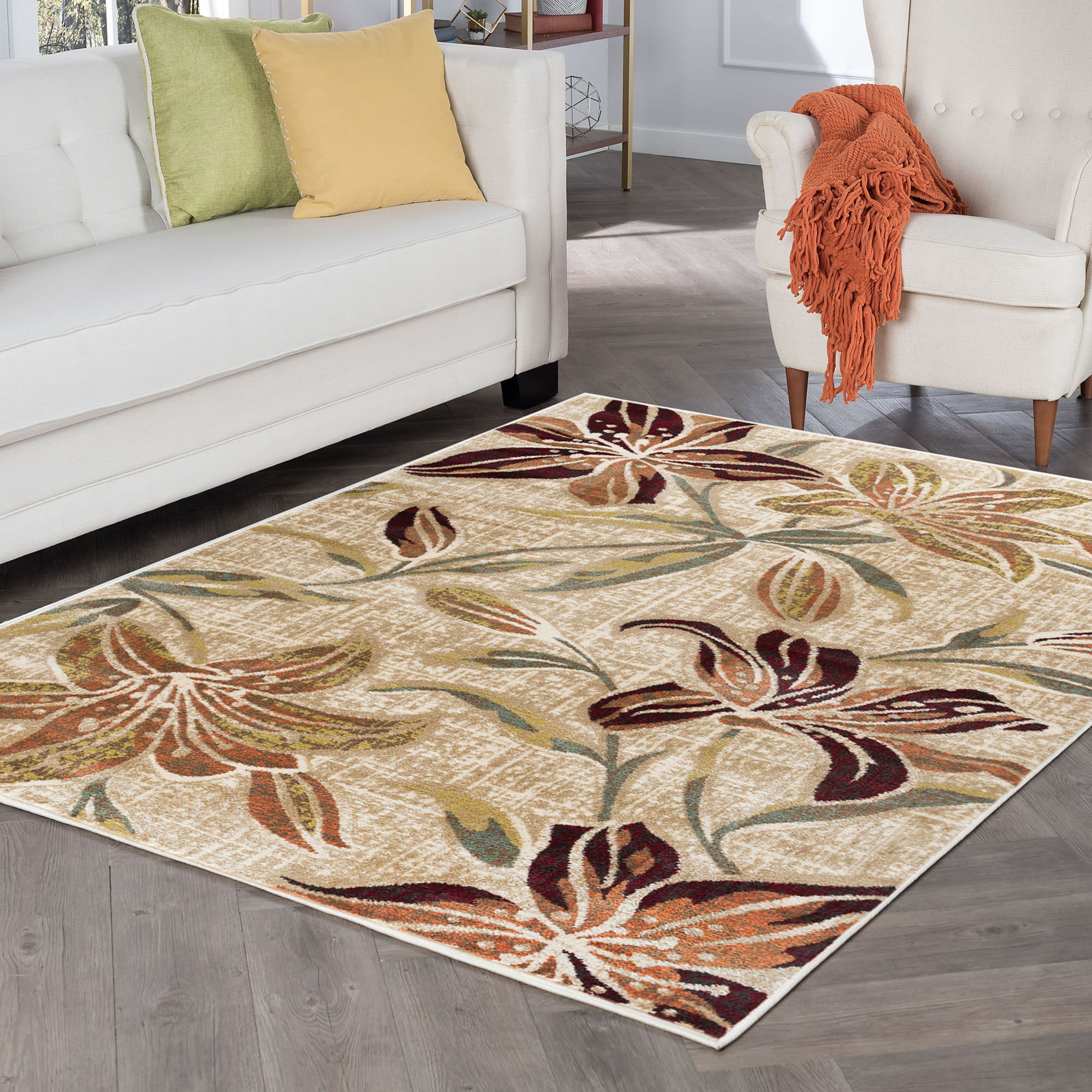 Transitional 5x8 Area Rug (5'3'' x 7'3'') Floral Cream, Seafoam Living Room Easy to Clean