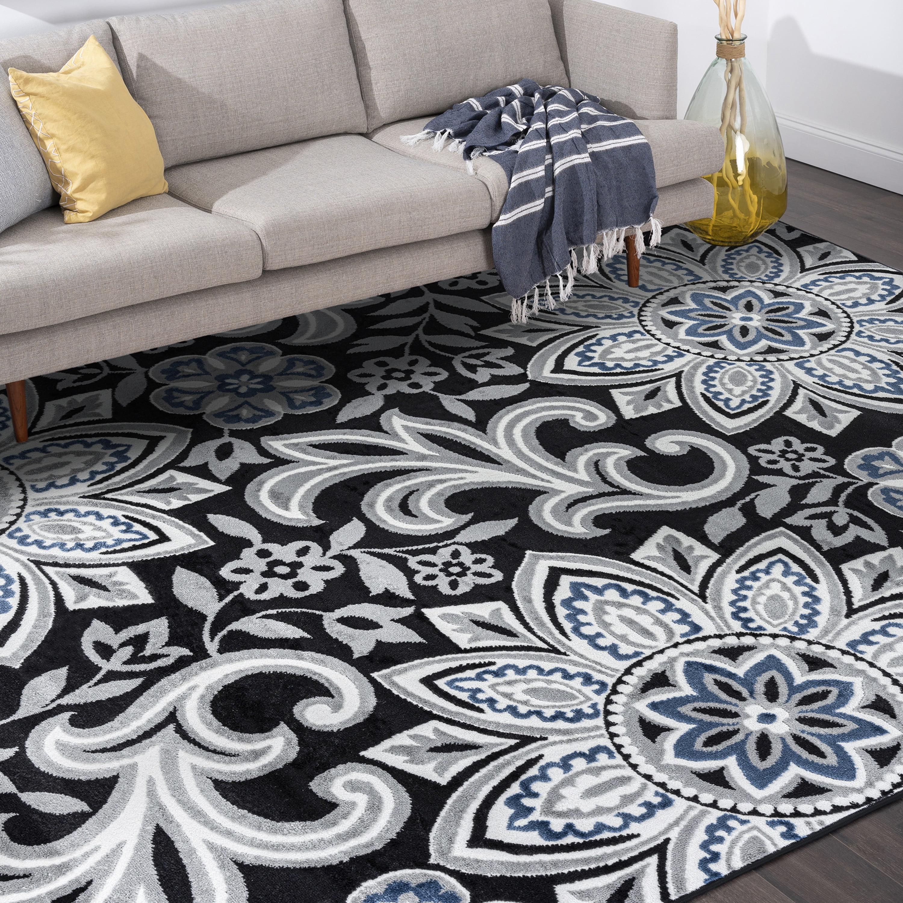Transitional 5x8 Area Rug (5'3'' x 7'3'') Floral Gray, Charcoal Living Room Easy to Clean