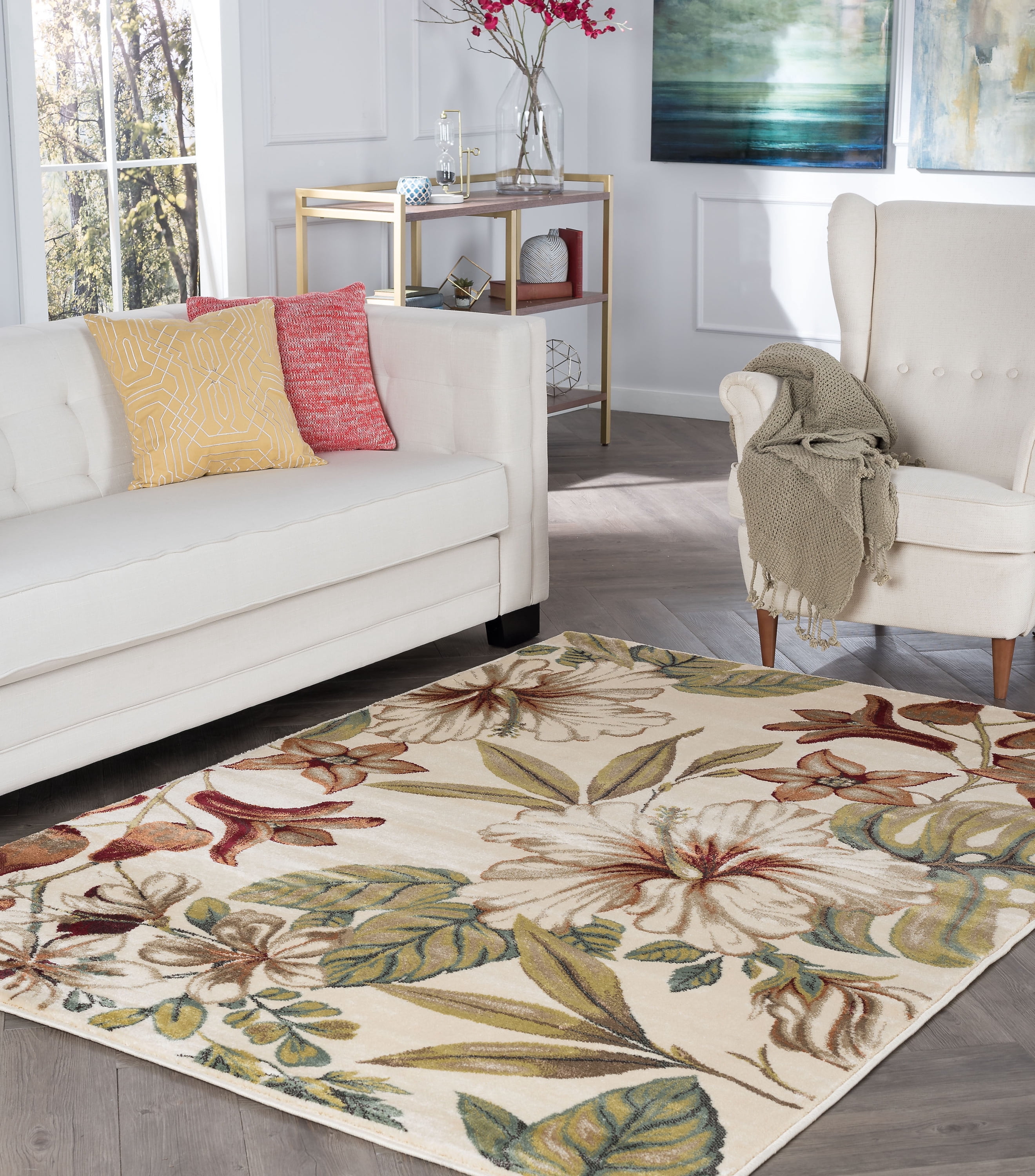 Transitional 5x8 Area Rug (5'3'' x 7'3'') Floral Ivory, Citron Green Living Room Easy to Clean
