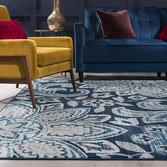 Transitional 5x8 Area Rug (5'3'' x 7'3'') Floral Navy, Aqua Living Room Easy to Clean