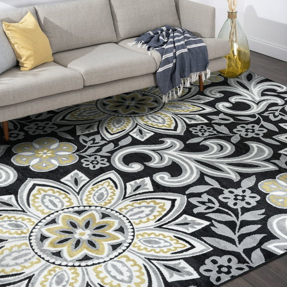 Transitional 5x8 Area Rug (5'3'' x 7'3'') Floral Yellow, Charcoal Living Room Easy to Clean