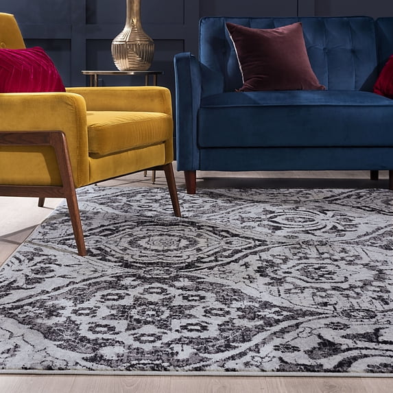 Transitional 5x8 Area Rug (5'3'' x 7'3'') Geometric Gray, Black Living Room Easy to Clean