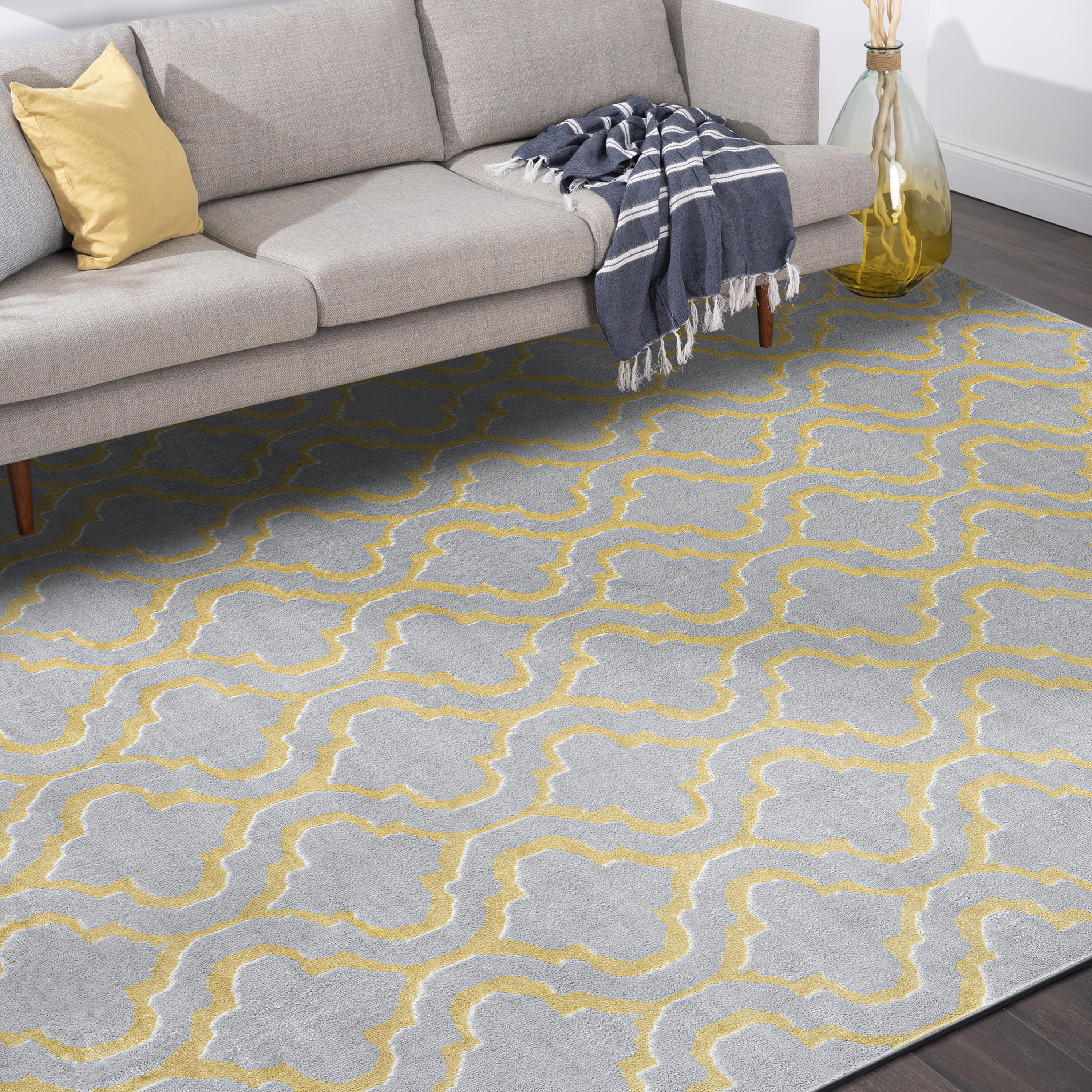 Transitional 5x8 Area Rug (5'3'' x 7'3'') Geometric Yellow, Gray Living Room Easy to Clean