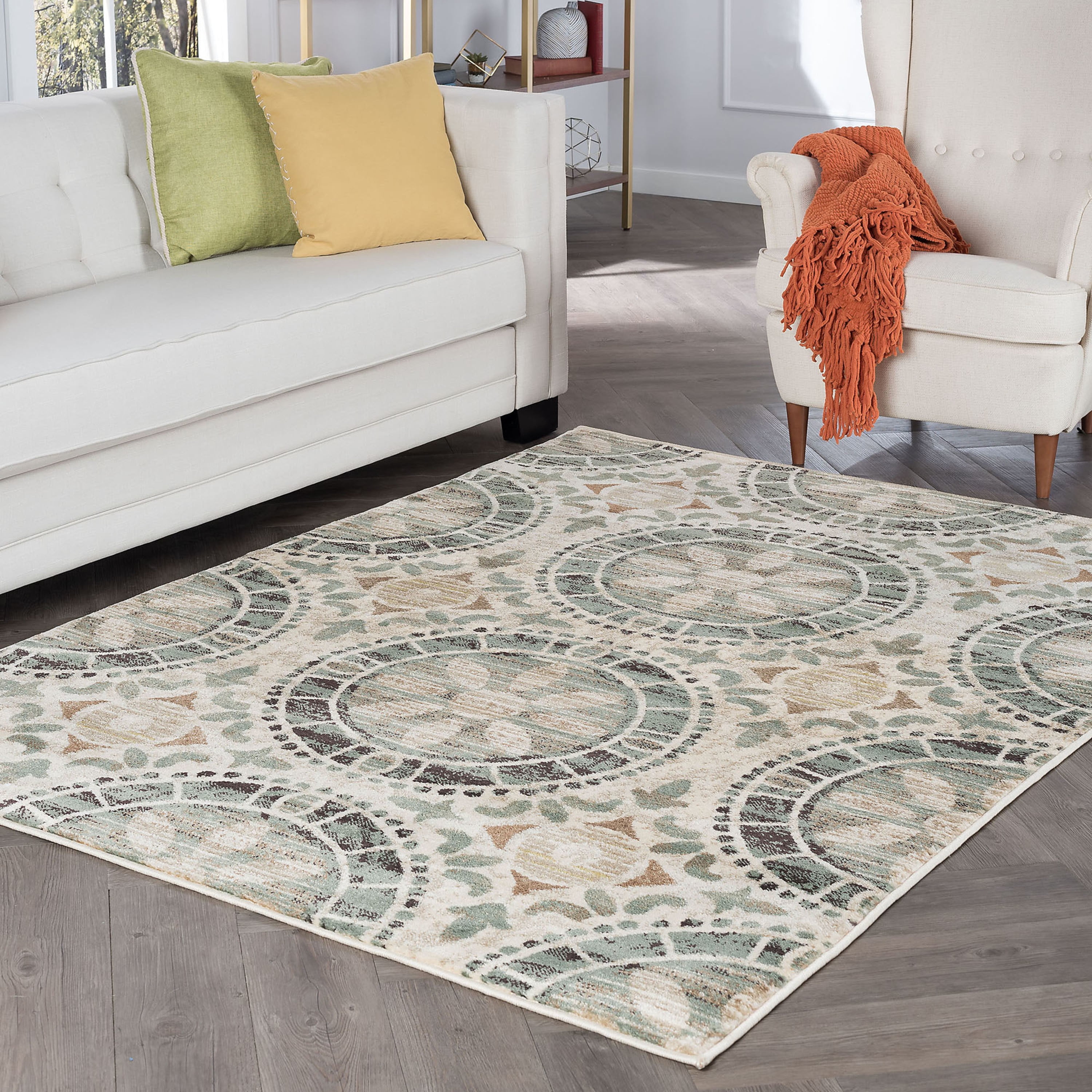 Transitional 5x8 Area Rug (5'3'' x 7'3'') Mediterranean Tile Ivory, Seafoam Living Room Easy to Clean