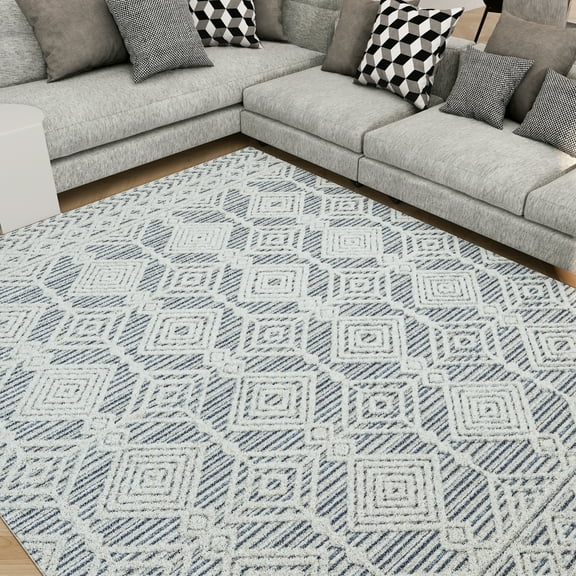 Transitional 5x8 Area Rug (5'3'' x 7'3'') Moroccan Blue, Cream Living Room Easy to Clean