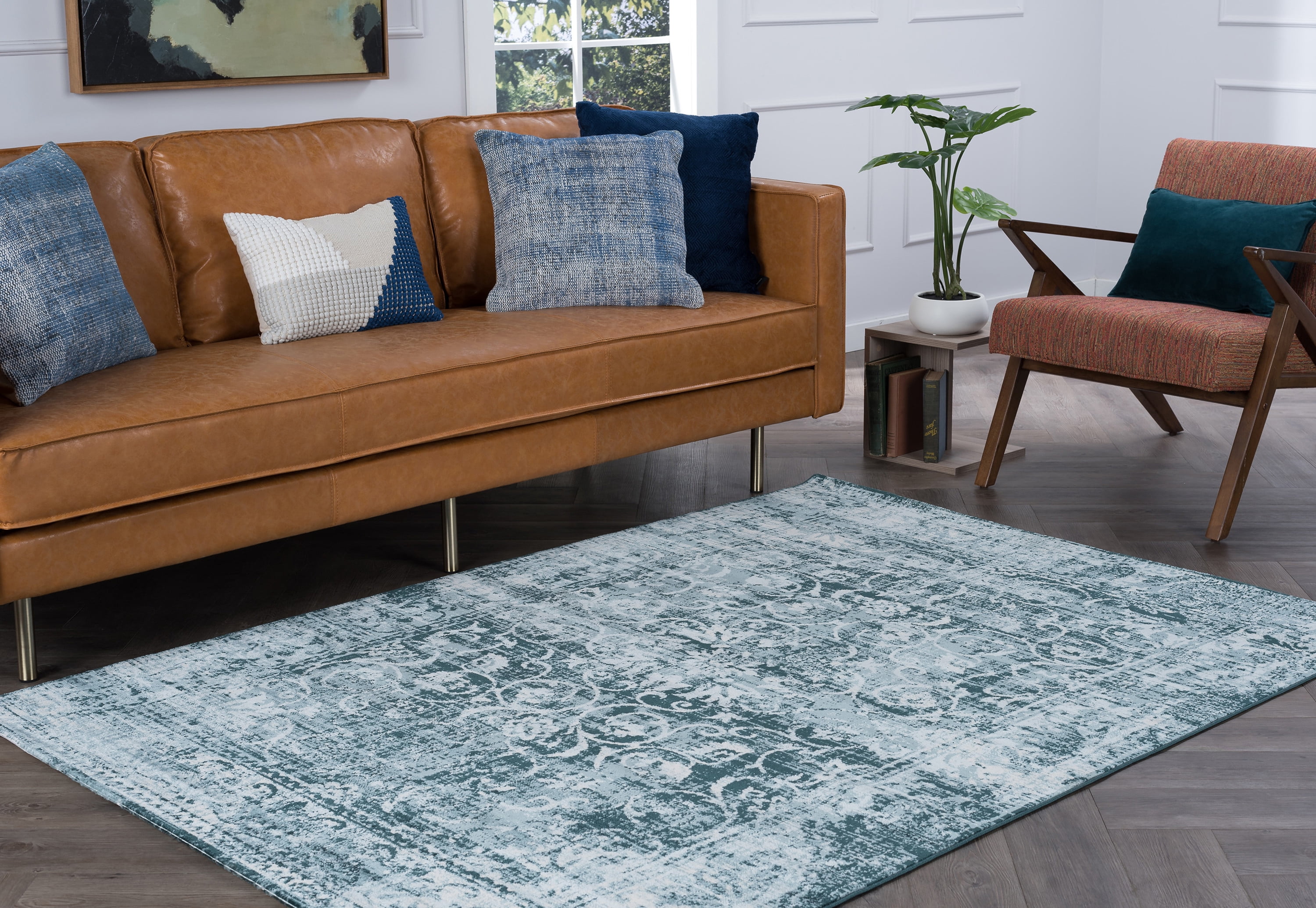 Transitional 5x8 Area Rug (5'3'' x 7'3'') Oriental Blue, Ecru Living Room Easy to Clean
