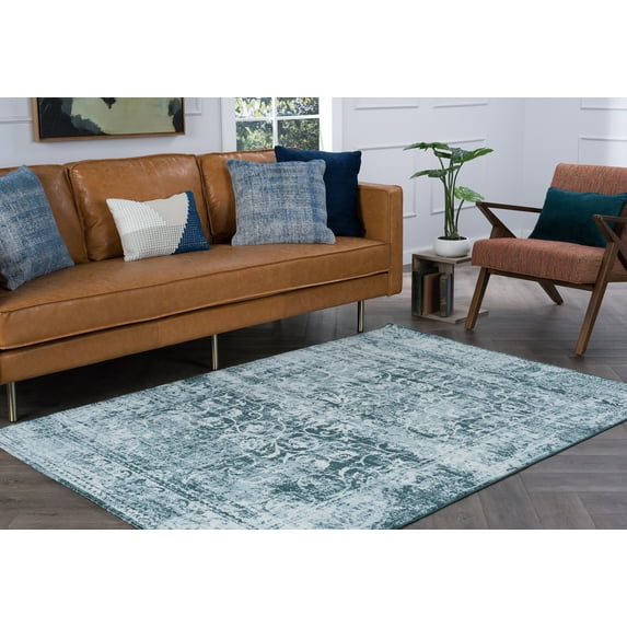 Transitional 5x8 Area Rug (5'3'' x 7'3'') Oriental Blue, Ecru Living Room Easy to Clean
