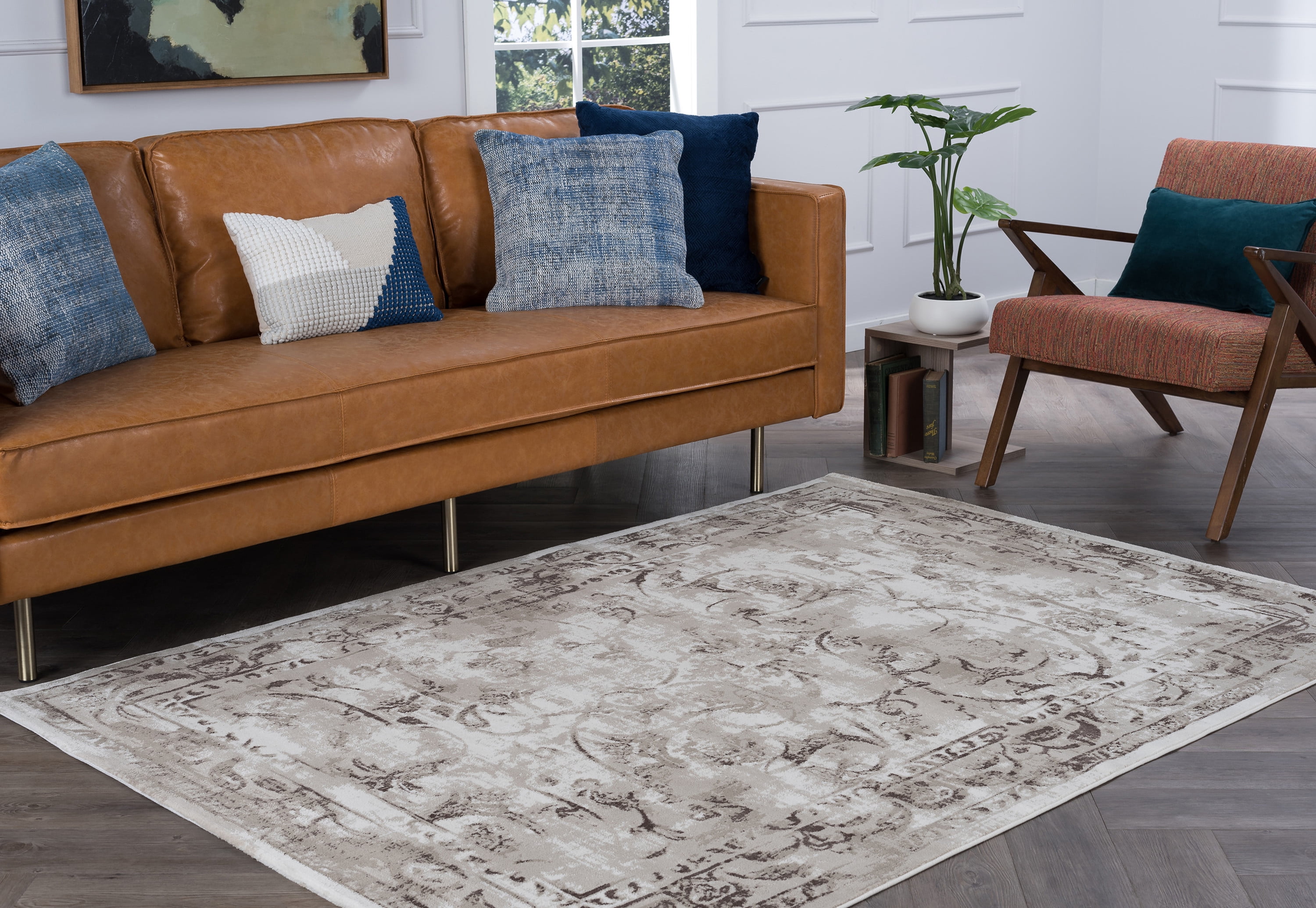 Transitional 5x8 Area Rug (5'3'' x 7'3'') Oriental Cream, Taupe Living Room Easy to Clean