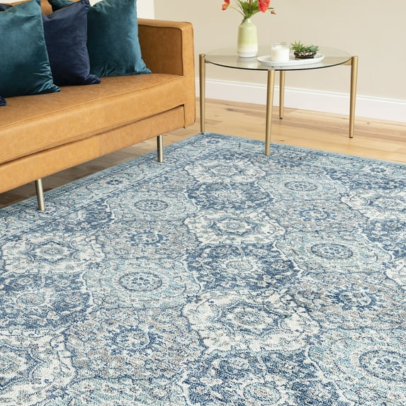 Transitional 5x8 Area Rug (5'3'' x 7'7'') Oriental Navy, Cream Living Room Easy to Clean