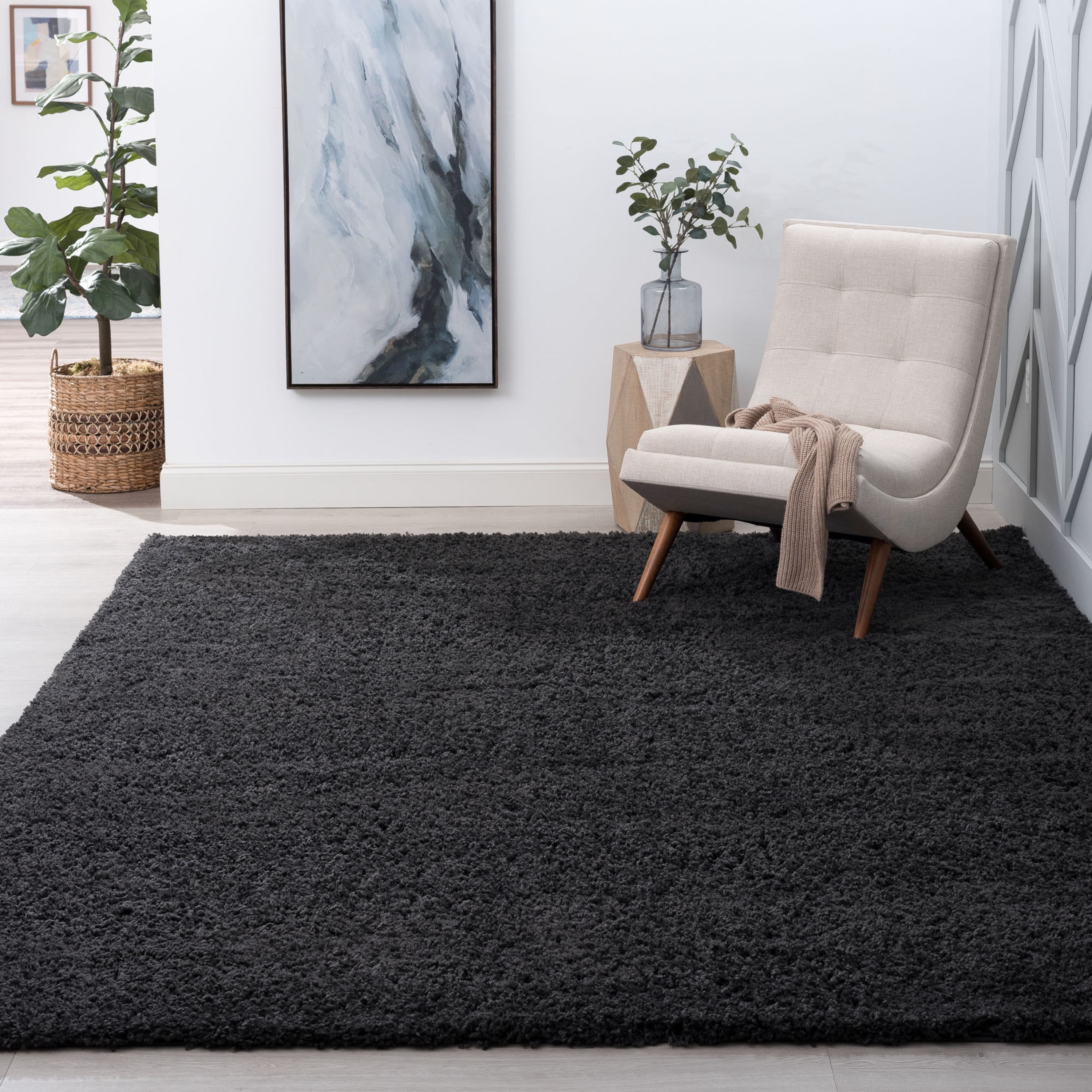 Transitional 5x8 Area Rug Shag Thick (5'3'' x 7'3'') Solid Dark Gray Living Room Easy to Clean