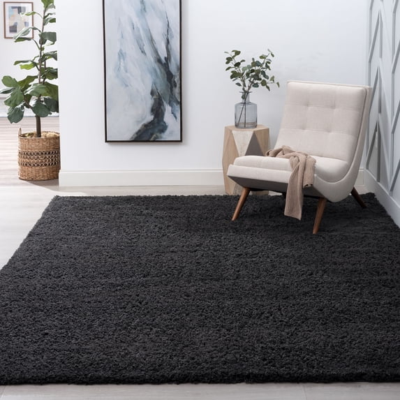 Transitional 5x8 Area Rug Shag Thick (5'3'' x 7'3'') Solid Dark Gray Living Room Easy to Clean