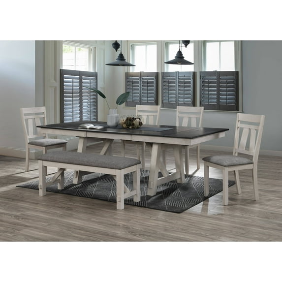 Transitional 6pc Dining Room Set Extendable Leaf Table Chair Bench Chalk Grey Color Wooden Fabric Home Furniture