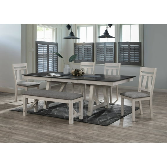 Transitional 6pc Dining Room Set Extendable Leaf Table Chair Bench Chalk Grey Color Wooden Fabric Home Furniture