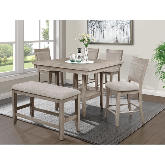 Transitional 6pc Dining Set with 20-Inch Faux Marble Lazy Susan and Storage Shelf - Fits Well in Various Dining Spaces