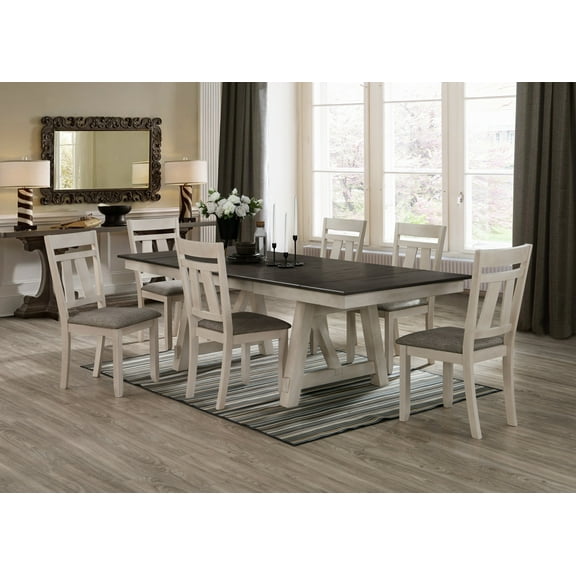 Transitional 7pc Dining Room Set Extendable Leaf Table Chair Chalk Grey Color Wooden Fabric Home Furniture