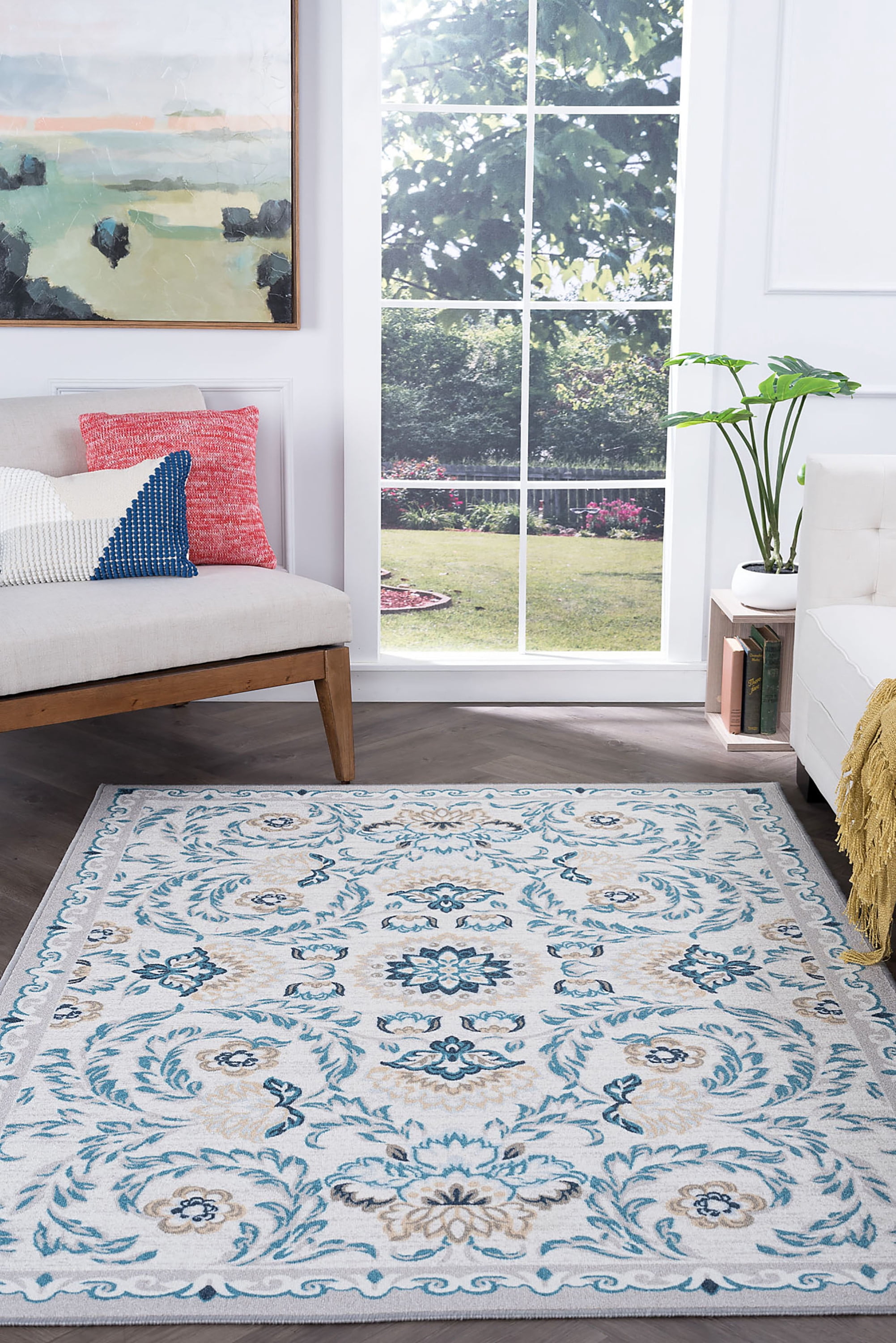 Transitional 7x10 Area Rug (6'7'' x 9'6'') Floral Cream, Navy Living Room Easy to Clean