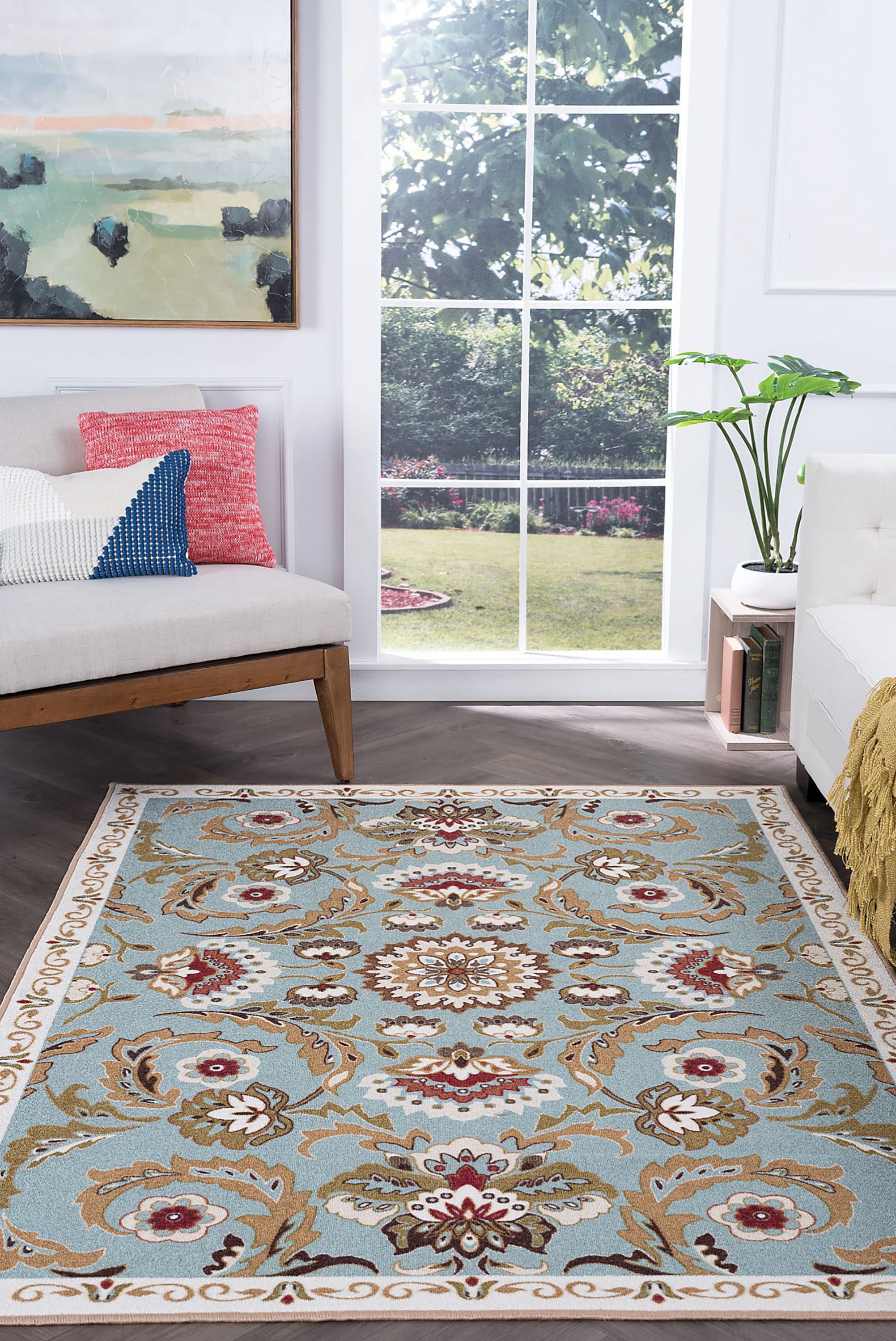 Transitional 7x10 Area Rug (6'7'' x 9'6'') Floral Seafoam, Beige Living Room Easy to Clean