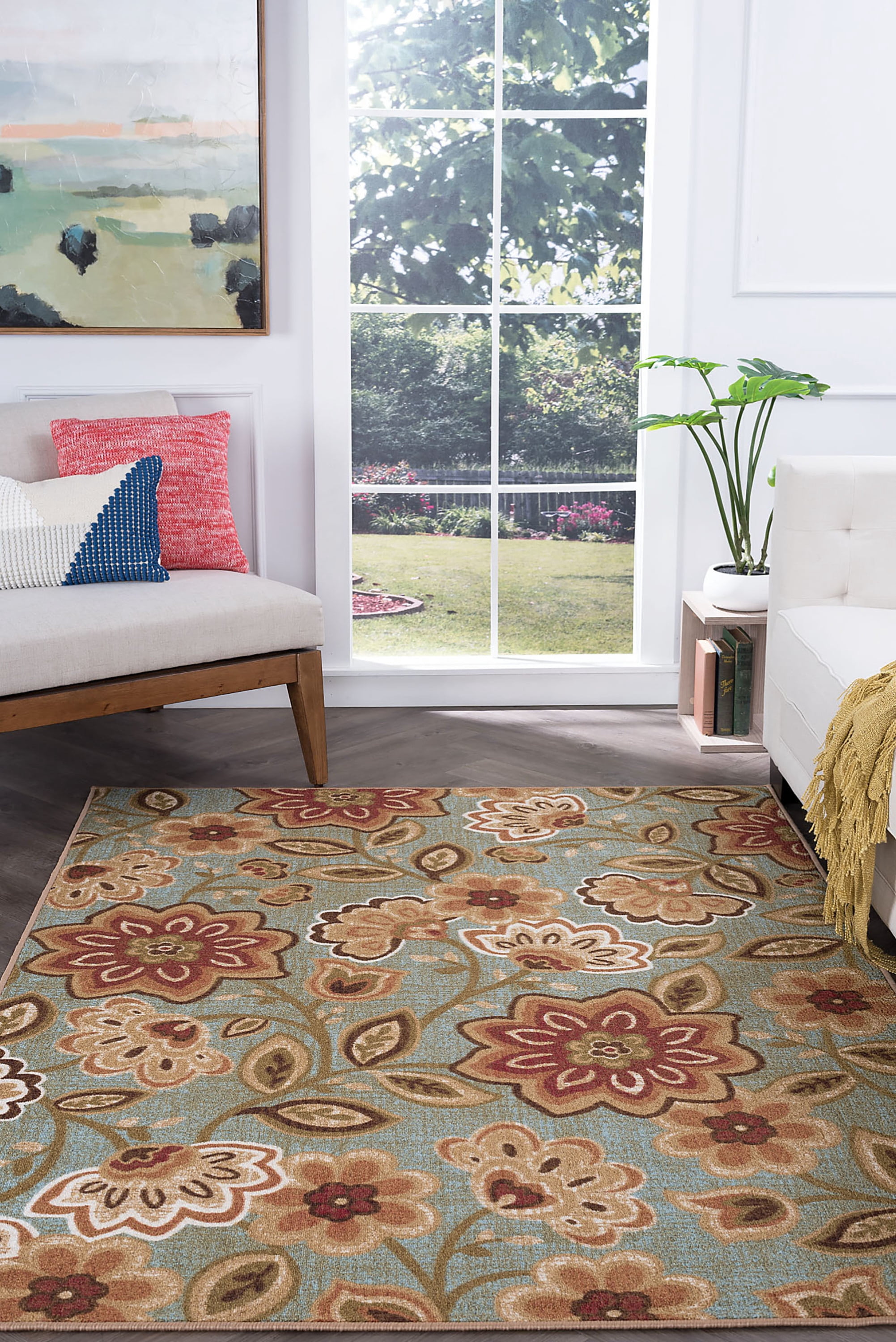 Transitional 7x10 Area Rug (6'7'' x 9'6'') Floral Seafoam, Beige Living Room Easy to Clean