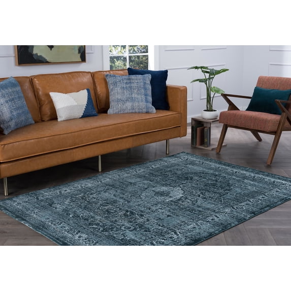 Transitional 7x10 Area Rug (6'7'' x 9'6'') Oriental Blue, Ecru Living Room Easy to Clean