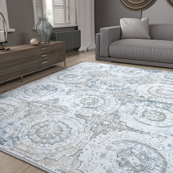 Transitional 8x10 Area Rug (7'10'' x 10'2'') Floral Beige Living Room Easy to Clean