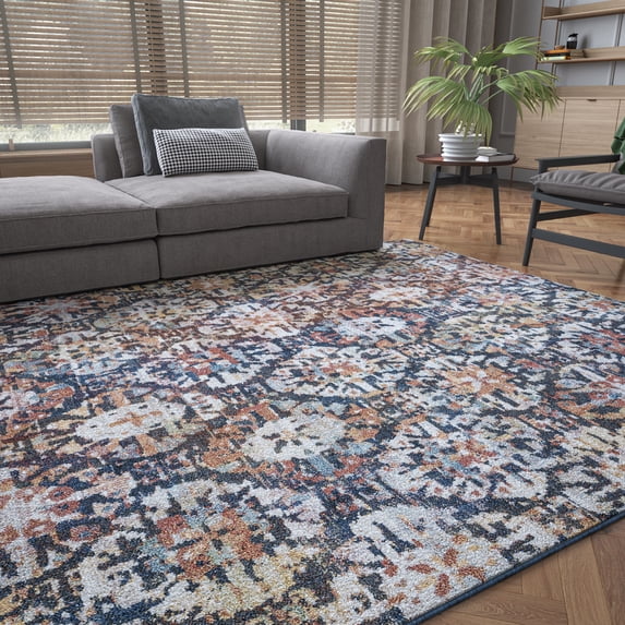 Transitional 8x10 Area Rug (7'10'' x 10'2'') Floral Cream, Navy Living Room Easy to Clean