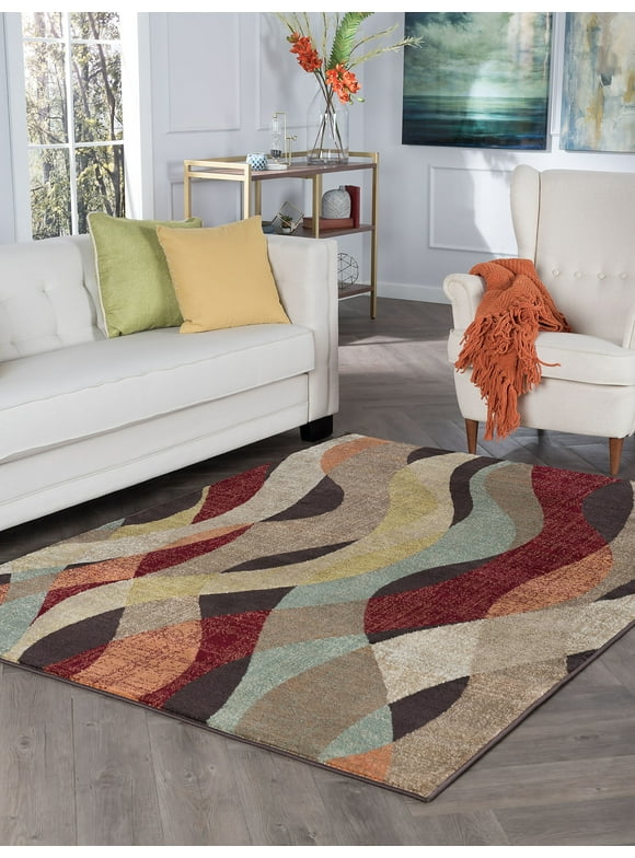 Transitional 8x10 Area Rug (7'10'' x 10'3'') Abstract Brown, Red Living Room Easy to Clean