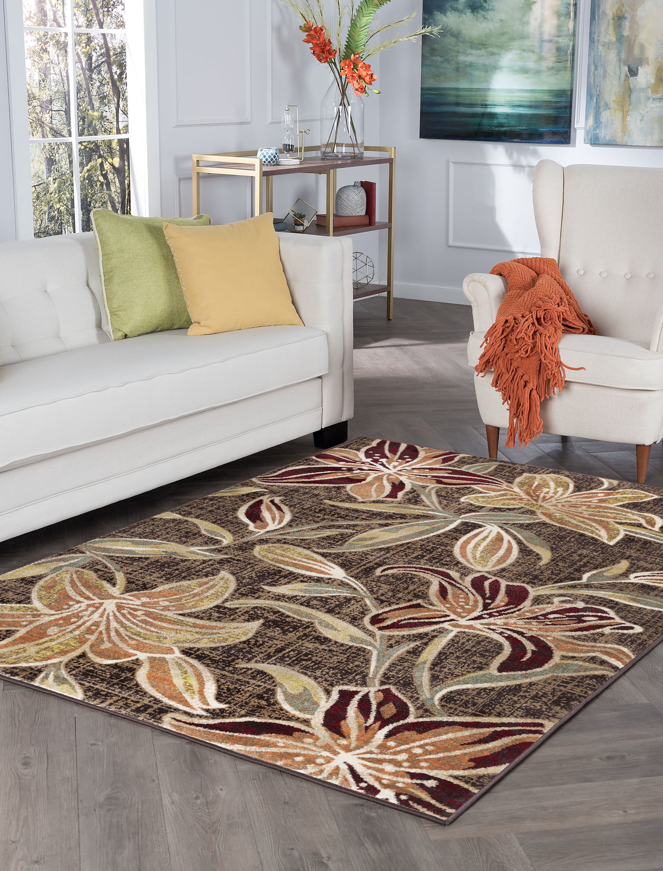 Transitional 8x10 Area Rug (7'10'' x 10'3'') Floral Brown, Red Living Room Easy to Clean