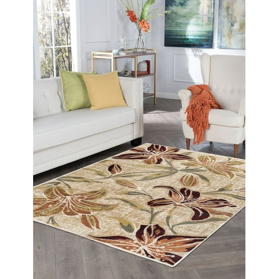 Transitional 8x10 Area Rug (7'10'' x 10'3'') Floral Cream, Seafoam Living Room Easy to Clean