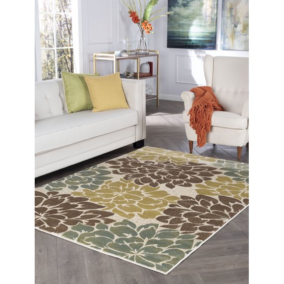 Transitional 8x10 Area Rug (7'10'' x 10'3'') Floral Ivory, Seafoam Living Room Easy to Clean
