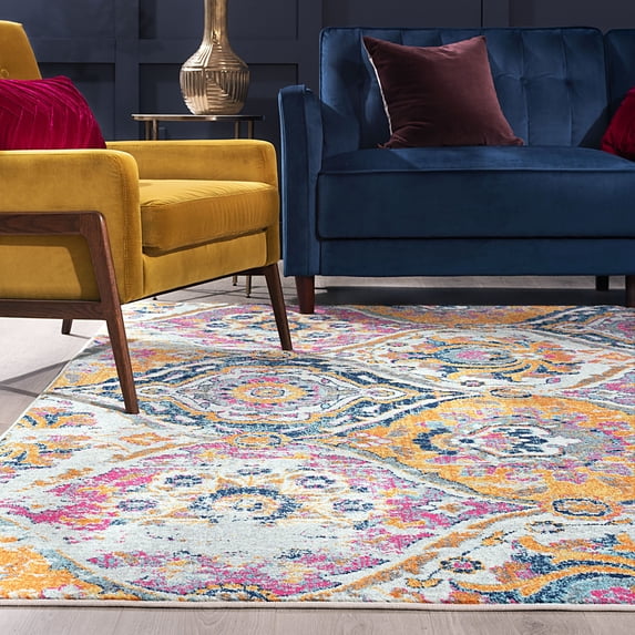 Transitional 8x10 Area Rug (7'10'' x 10'3'') Geometric Pink, Navy Living Room Easy to Clean