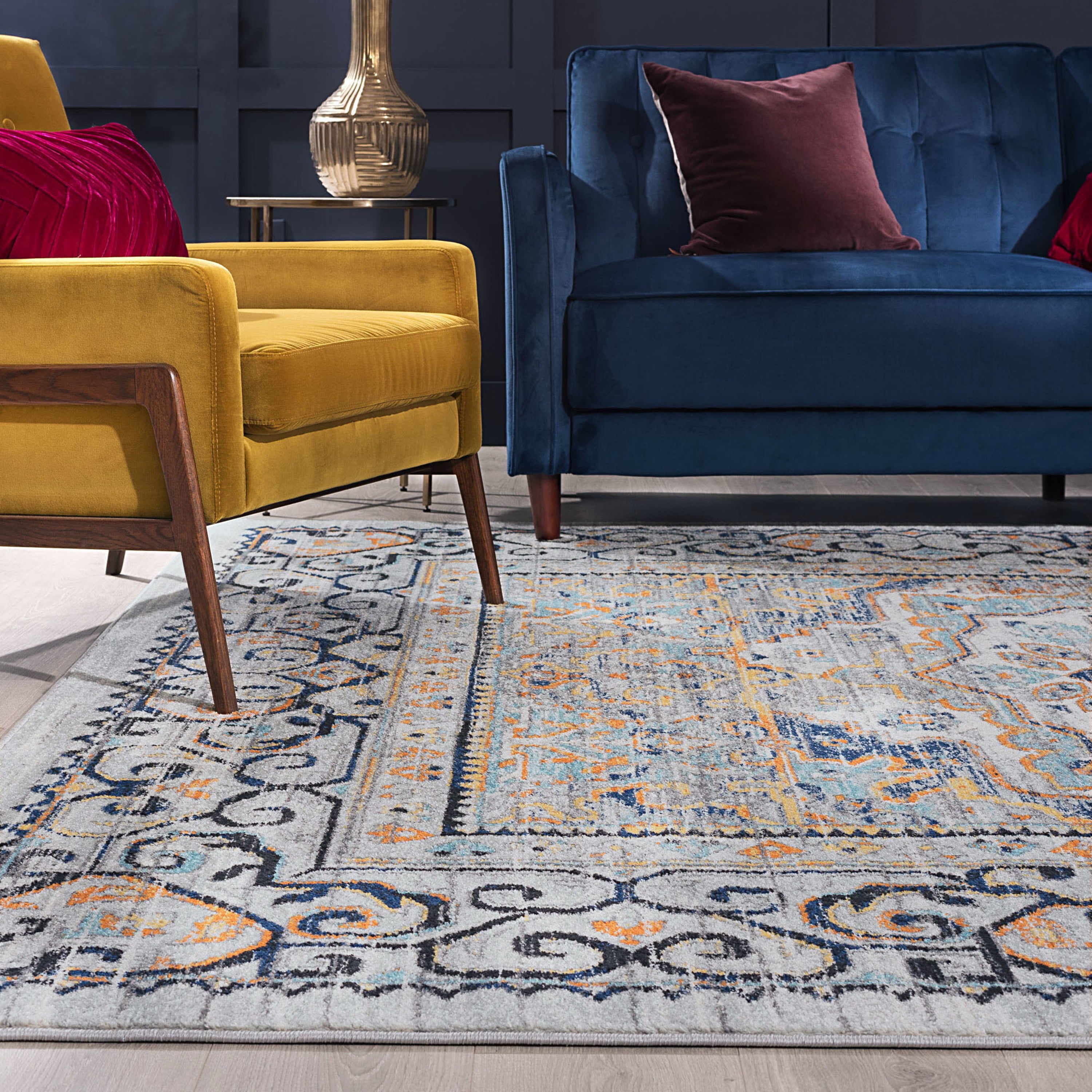 Transitional 8x10 Area Rug (7'10'' x 10'3'') Medallion Blue, Gray Living Room Easy to Clean