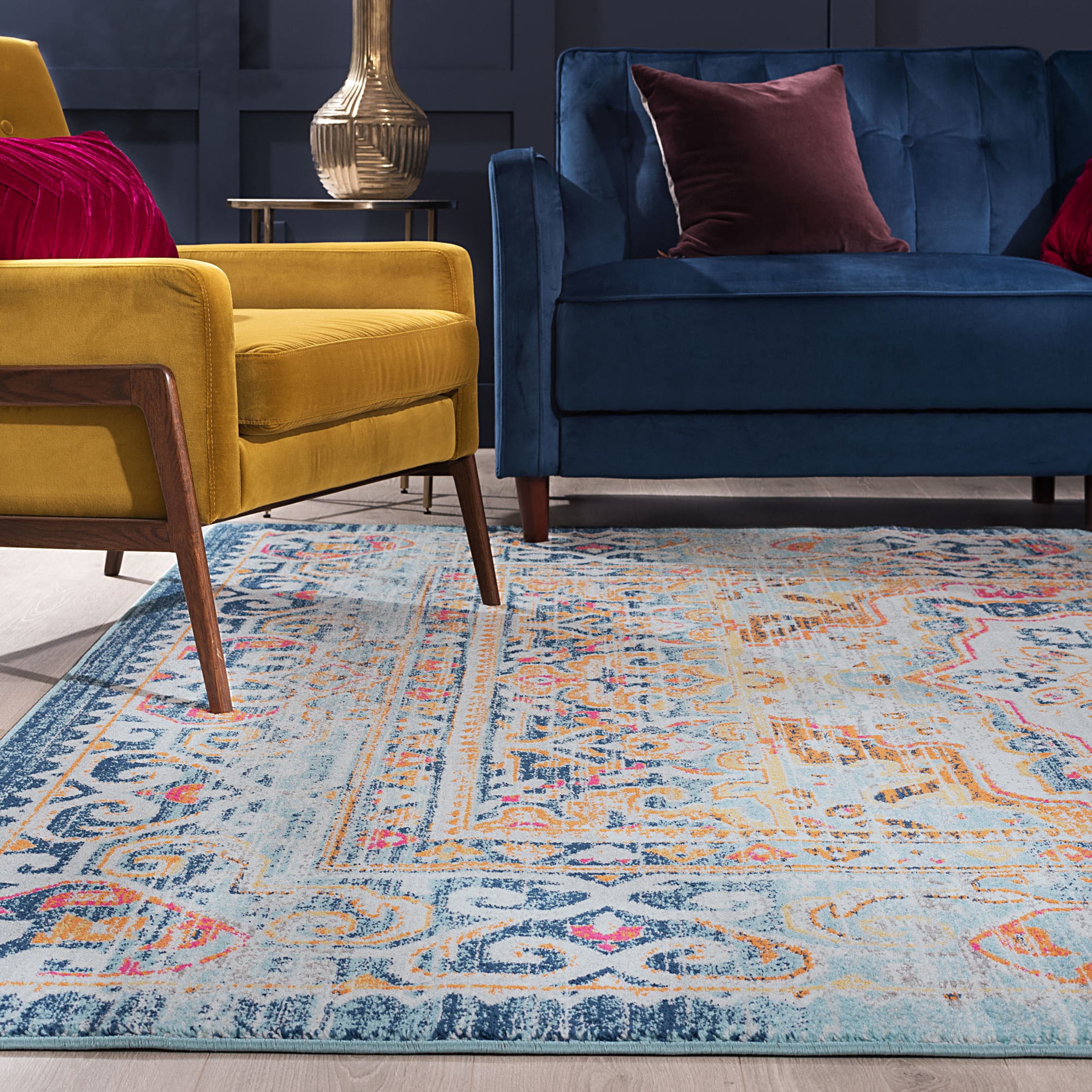 Transitional 8x10 Area Rug (7'10'' x 10'3'') Medallion Pink, Navy Living Room Easy to Clean