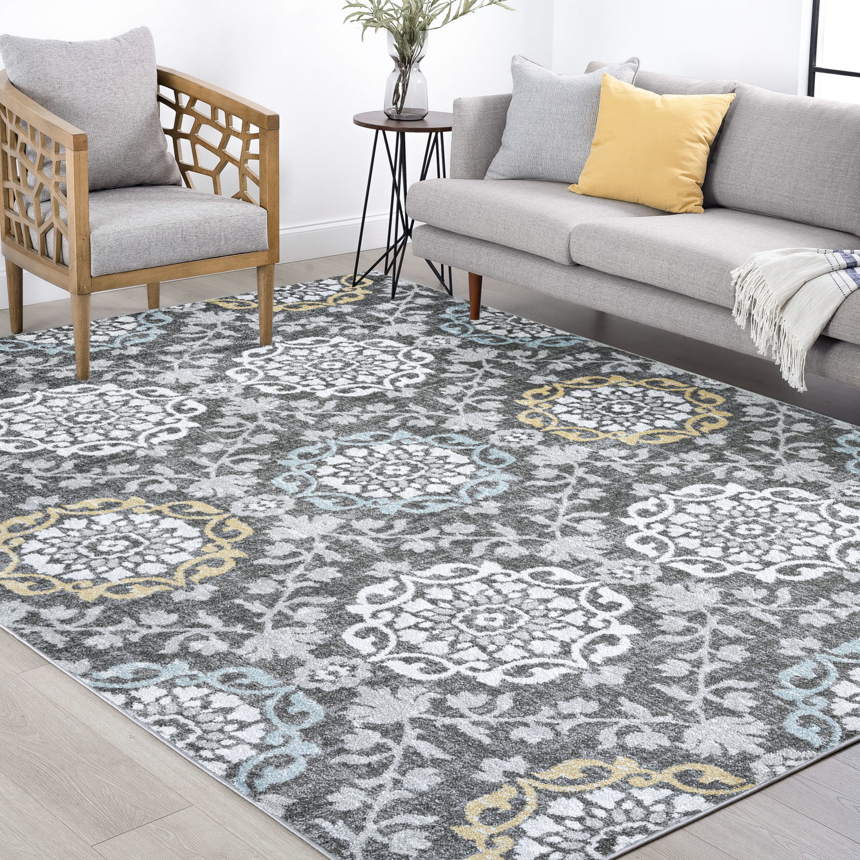 Transitional 8x10 Area Rug (7'11'' x 10'3'') Floral Dark Gray, Dark Gray Living Room Easy to Clean