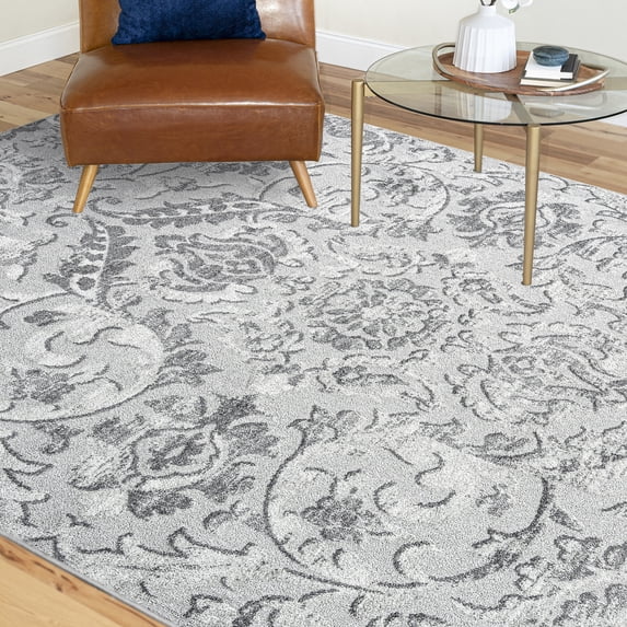 Transitional 8x10 Area Rug (7'11'' x 10'3'') Floral Gray Living Room Easy to Clean