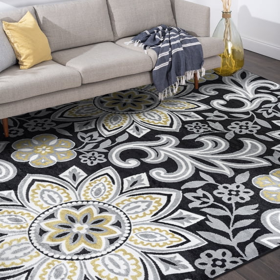 Transitional 8x10 Area Rug (7'11'' x 10'3'') Floral Yellow, Charcoal Living Room Easy to Clean