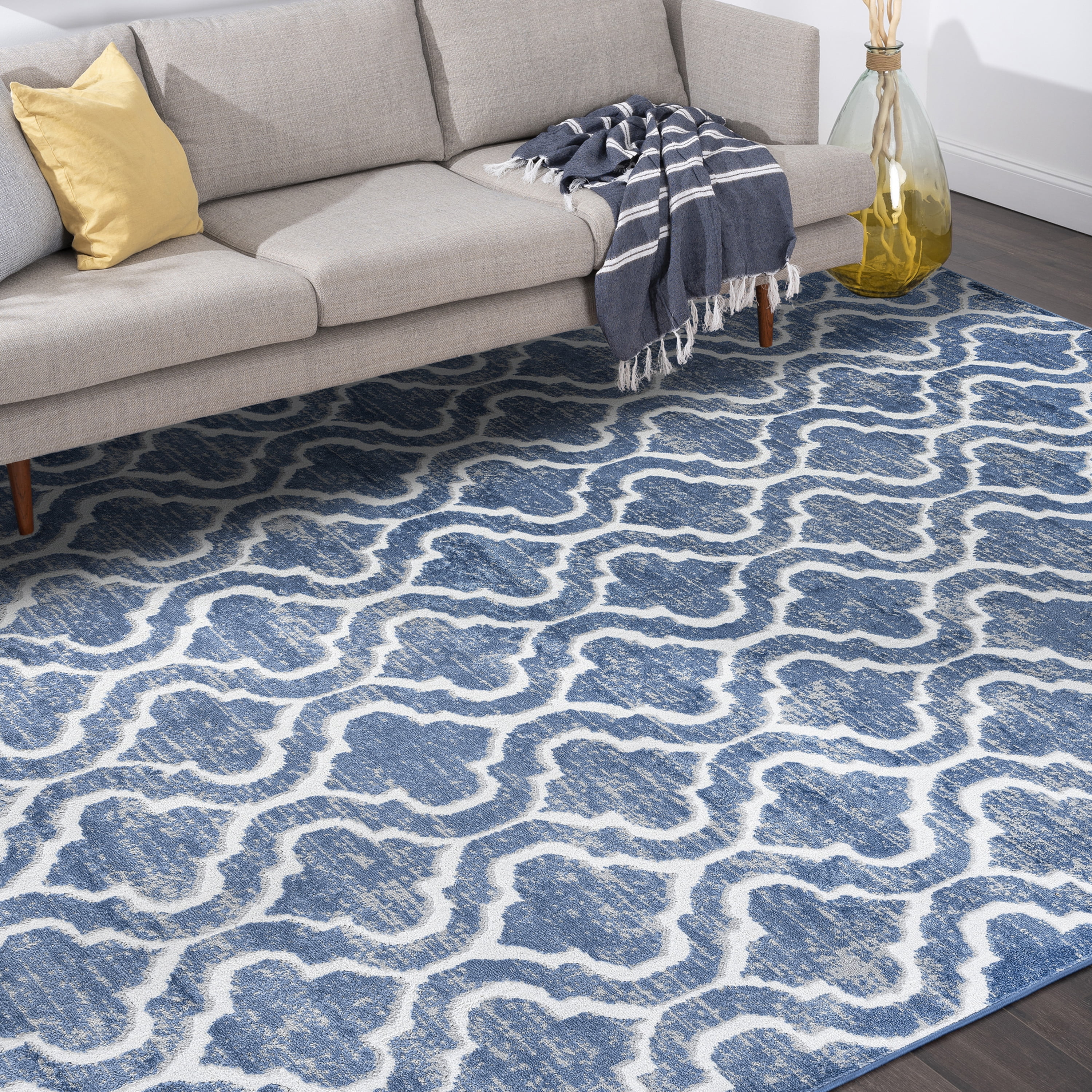 Transitional 8x10 Area Rug (7'11'' x 10'3'') Geometric Blue, White Living Room Easy to Clean