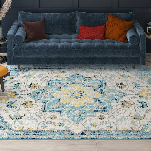 Transitional 8x10 Area Rug (7'11'' x 10'3'') Medallion Aqua, Yellow Living Room Easy to Clean