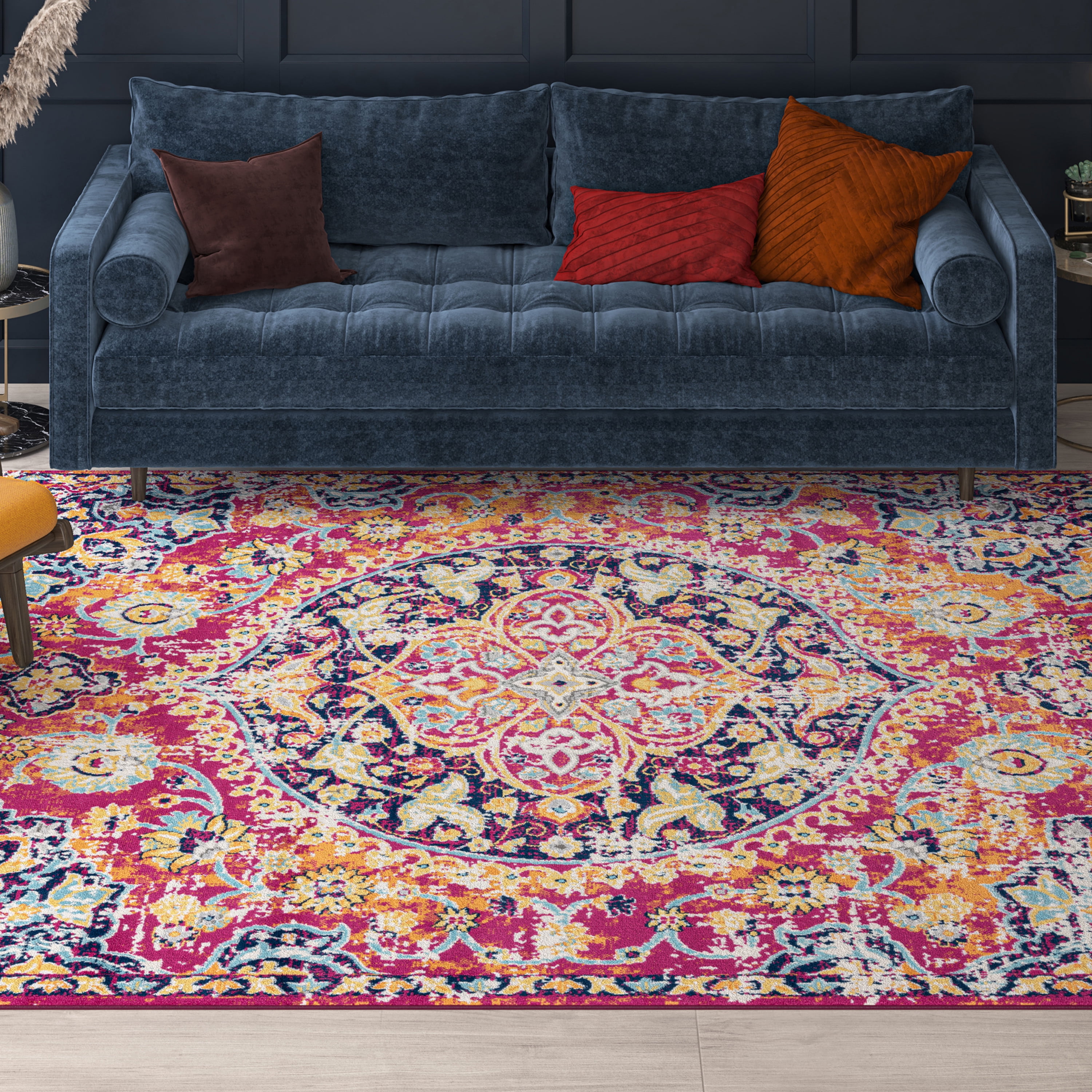 Transitional 8x10 Area Rug (7'11'' x 10'3'') Medallion Pink, Orange Living Room Easy to Clean