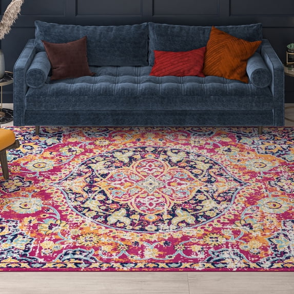 Transitional 8x10 Area Rug (7'11'' x 10'3'') Medallion Pink, Orange Living Room Easy to Clean