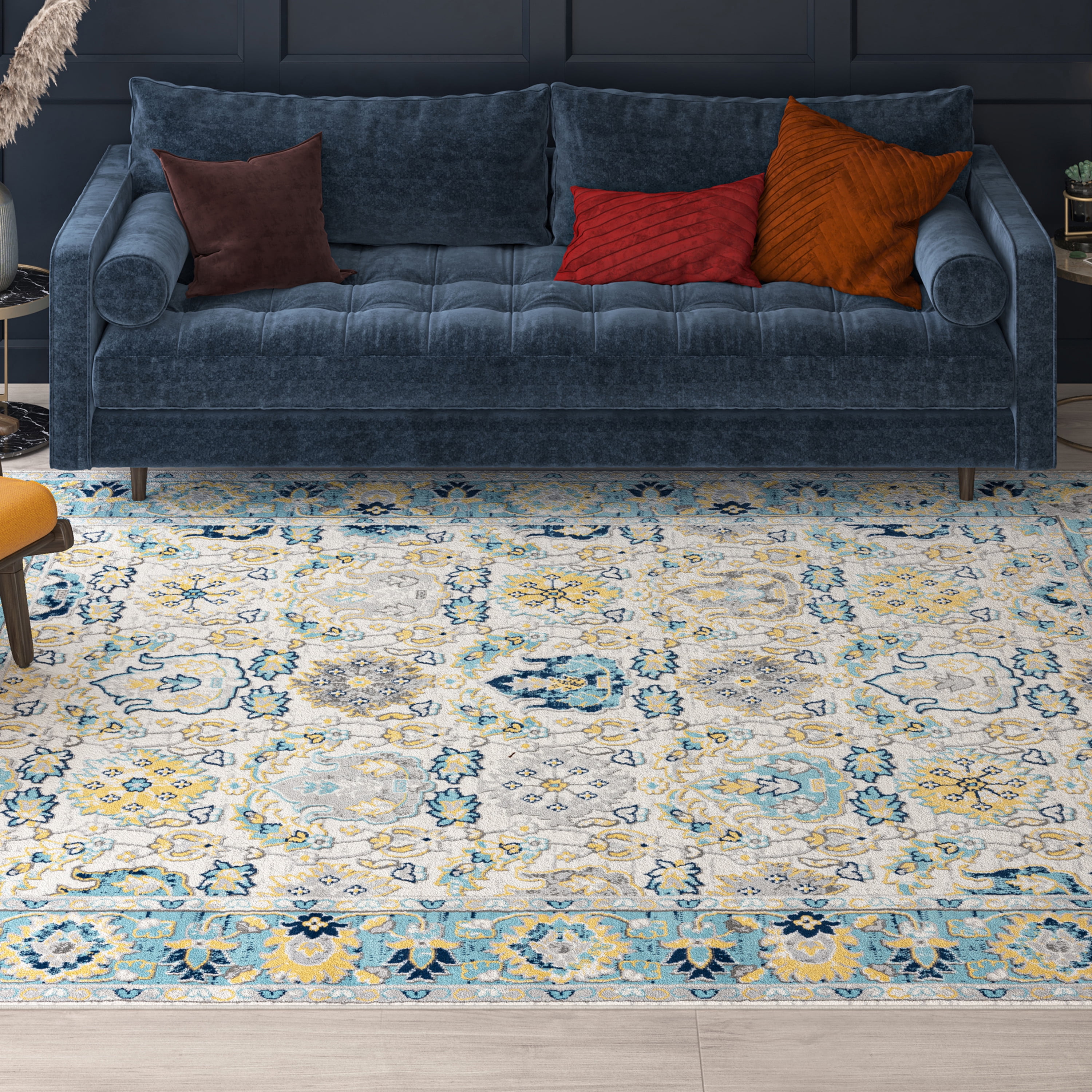 Transitional 8x10 Area Rug (7'11'' x 10'3'') Oriental Aqua, Yellow Living Room Easy to Clean